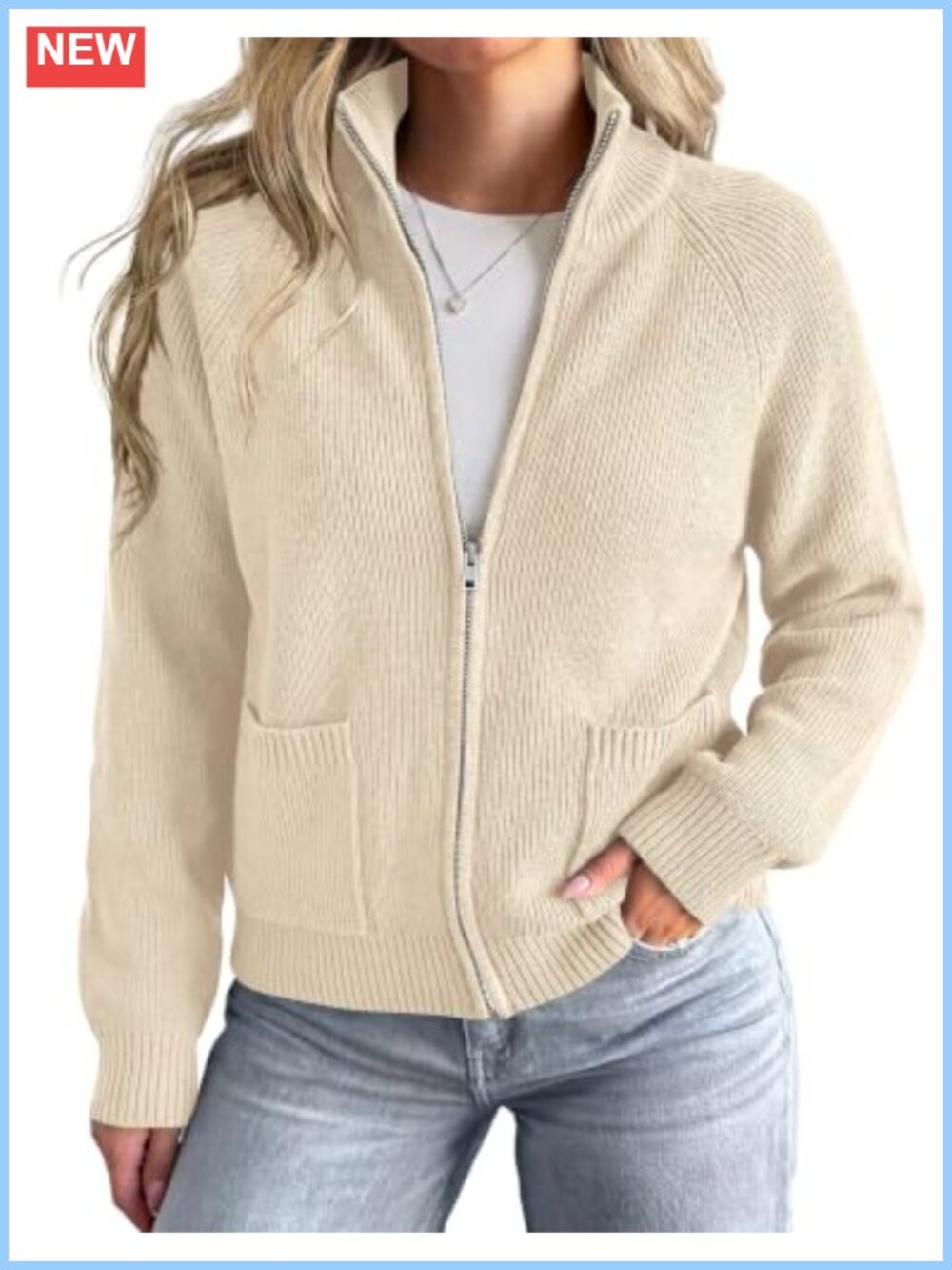 Womens Chunky Knit Zip Up Cardigan Sweater with Pockets Loose Fit